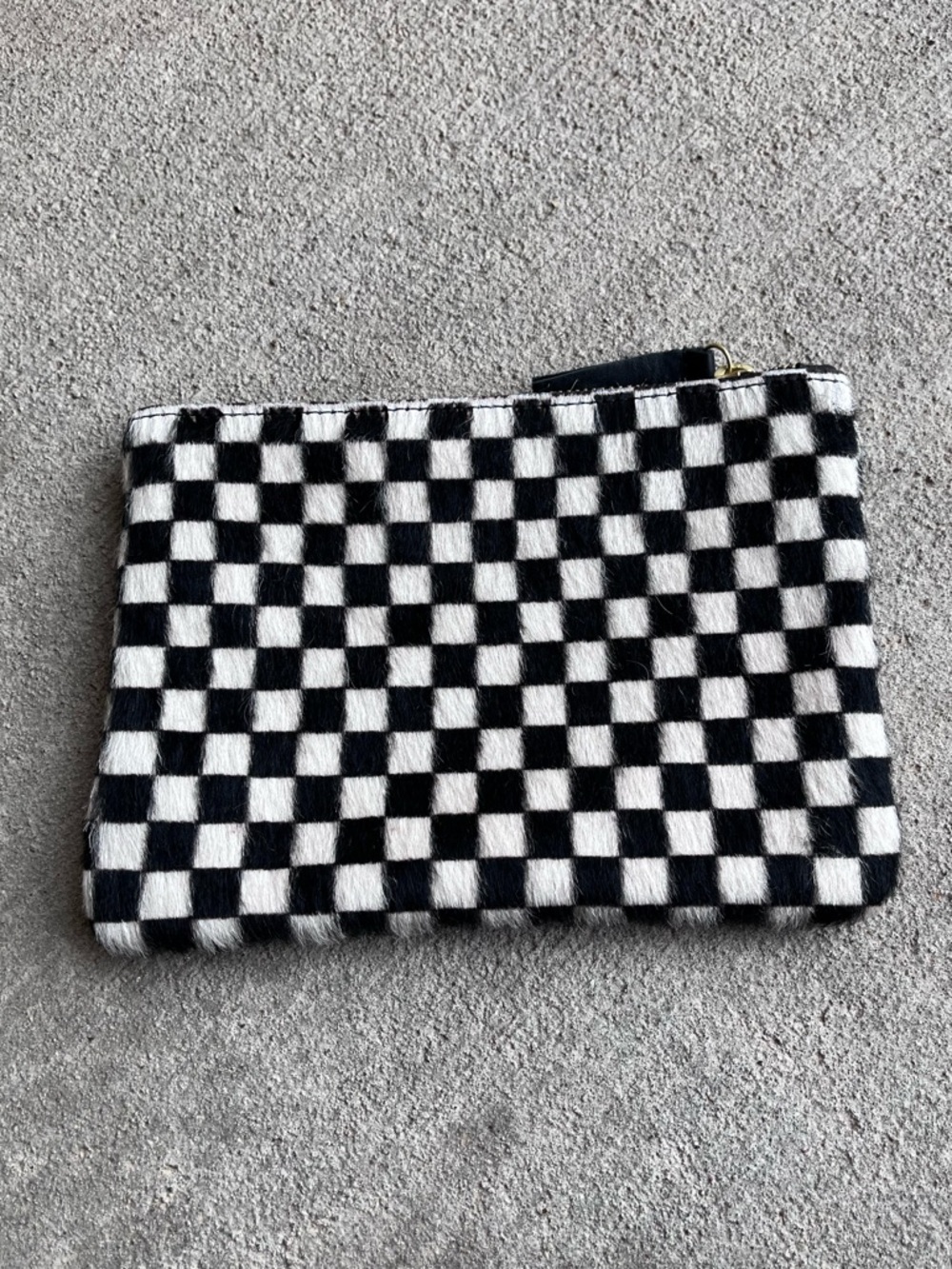 Primecut black and white checkered calf leather pony hair pouch wallet wristlet
